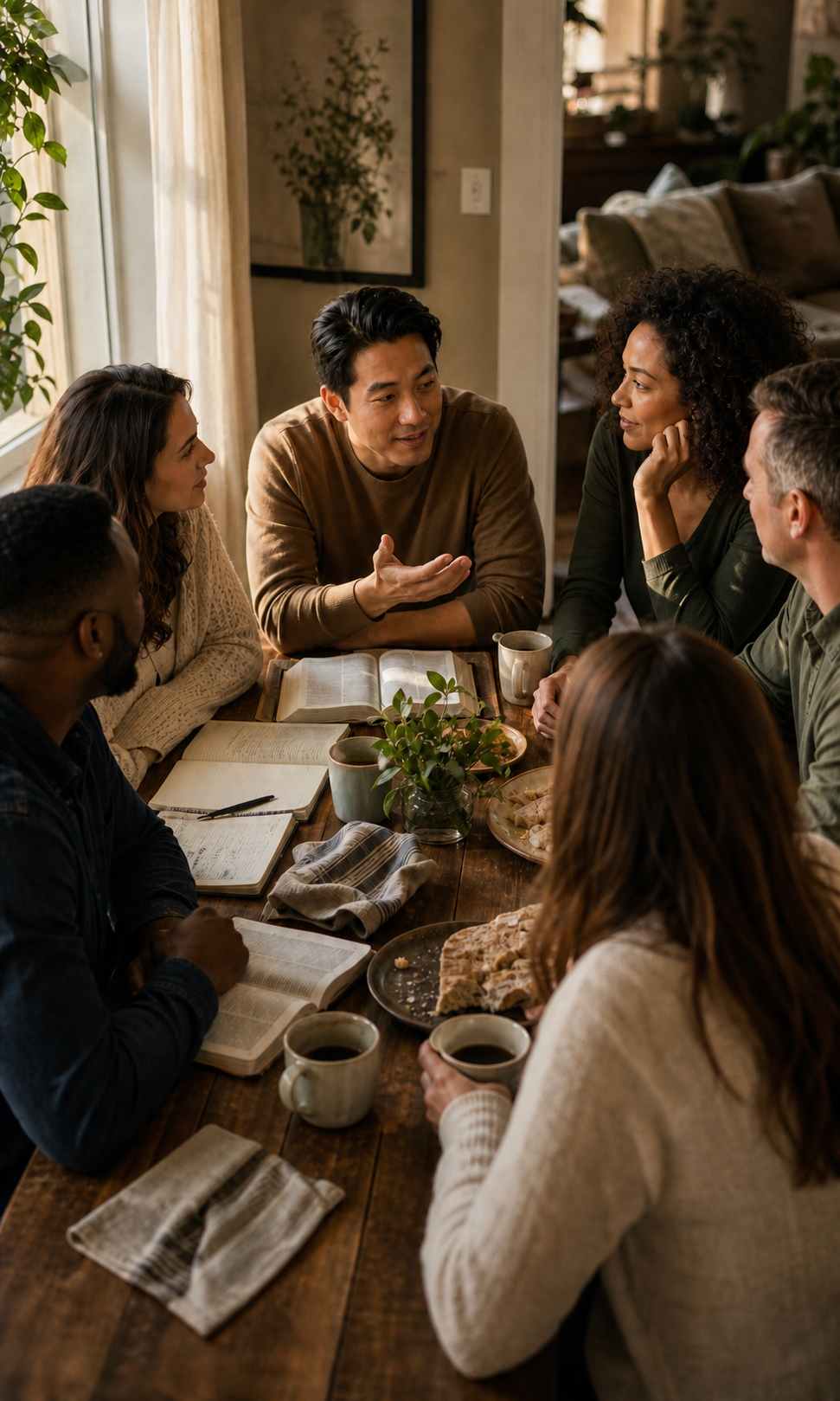 A diverse Life Group gathered around an open Bible and a shared table